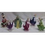 Six various Art Deco china female figures including dancing figures, female with dog etc.