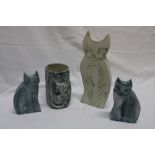 Four Cornish Carn pottery cat related figures including seated cat,