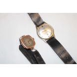 A ladies 9ct gold wristwatch with circular silver dial and leather strap and a gilt gents