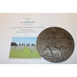 A First War bronze memorial plaque awarded to William Henry Knott (2nd DCLI - died 01/10/1918 from