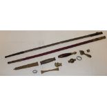 Two various small sword scabbards, selection of small sword hilt fittings and others etc.