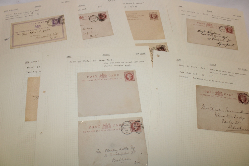 A collection of GB Victorian postal cards documented on album pages including 1870 ½d lilac used,