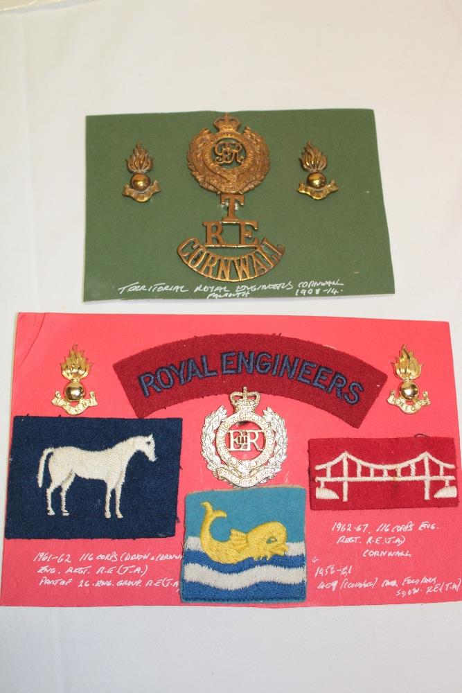 Two carded displays of Cornwall Royal Engineers badges and insignia including "T/RE/Cornwall"