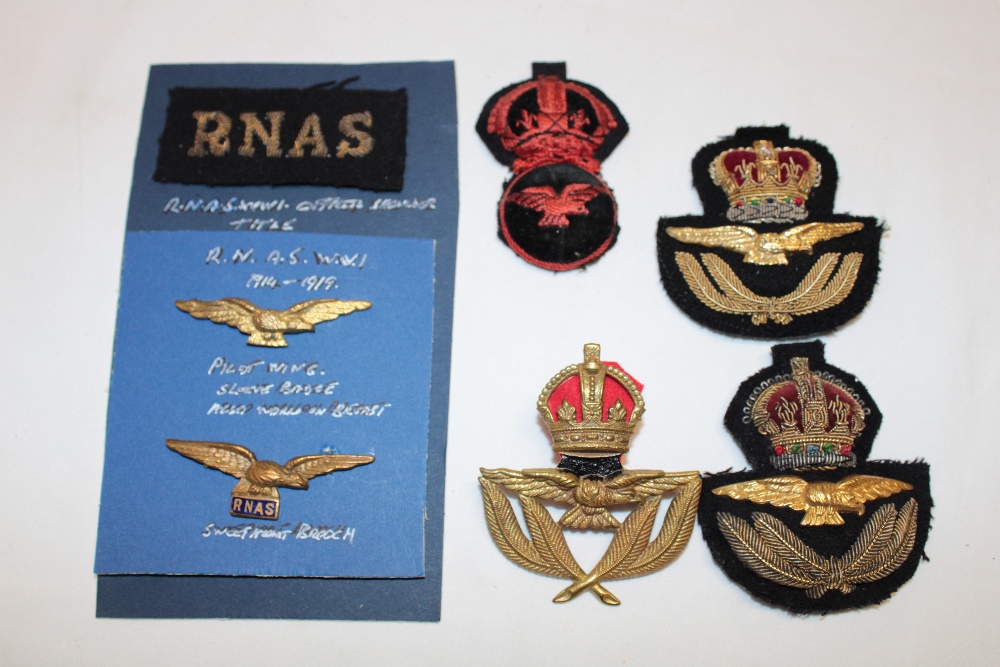 A First War RNAS Officer's embroidered wire title, RNAS pilot's wing sleeve badge,