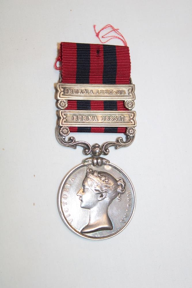 A Victorian India General Service medal with two bars (Burma 1885-7 and Burma 1887-89 ) awarded to