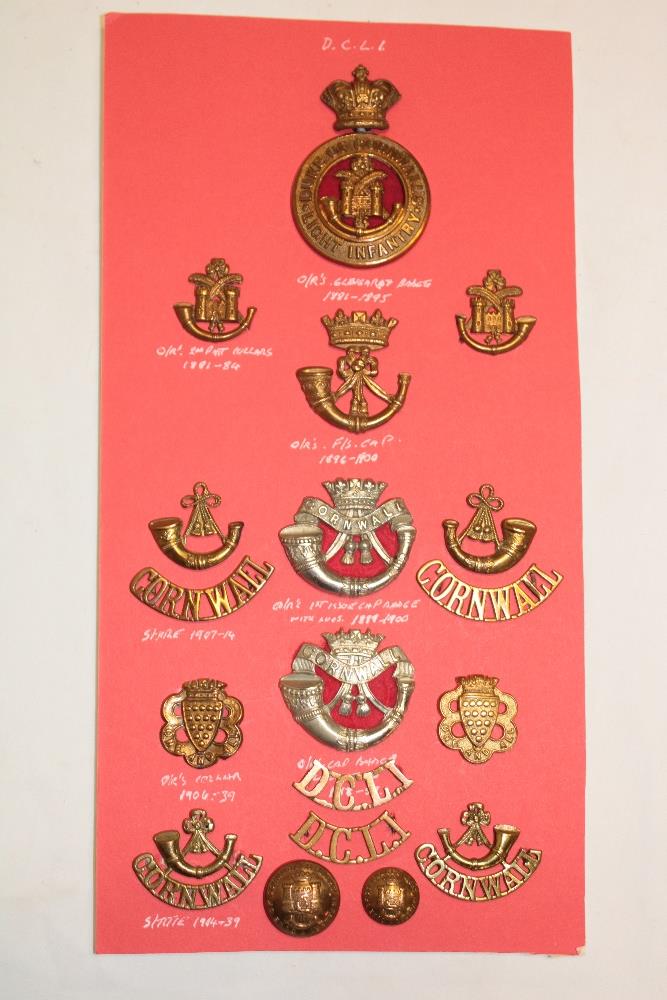 A display of DCLI badges and insignia including Ordinary Ranks glengarry badge,