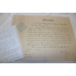 A 1915 warrant document awarded to Walter Bertrum Jacklin Royal Horse Artillery with copy research
