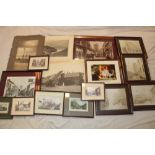 A selection of various photographs and engravings including early farming scene photograph,