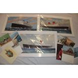 Three large prints of Cunard Ships together with seven Cunard Shipping Line menus