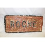 An old painted iron double-sided Cornish road sign "Roche" 8" x 18½"