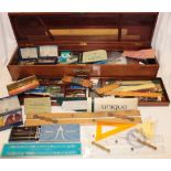 A good quality old brass mounted mahogany architect's drawing box containing a large selection of