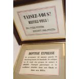 Two First War French notices to the troops "Taisez-vous! Mefiez-vous! des Oreilles Ennemies