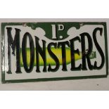 An enamel rectangular double-sided advertising sign for Monsters 1d Lemonade by Trenner & Son Grays