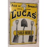 An old enamel rectangular advertising sign "Ace of Spades - Special Brand - Lucas Sold Here",