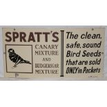 A rectangular enamel advertising sign "Spratt's Canary Mixture and Budgerigar Mixture - The clean,