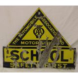 An enamel AA School sign "The Automobile Association and Motor Union - School - Safety First",