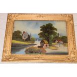 A 19th century oil painting reversed on glass depicting a landscape with lake and building,