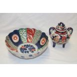 A 19th century Japanese Imari pottery two handled koro and cover with painted floral decoration,