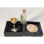 A George V silver communion set comprising tapered chalice on hexagonal base,