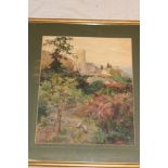 W** Matthison - watercolour Coastal church with sheep in the foreground,