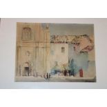 P** Taylor - watercolour Continental church scene with figures, signed,