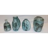 Four Cornish Carn pottery vases including shell-shaped vase signed by John Beusmans and three other