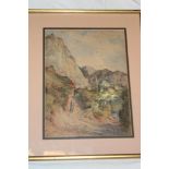 D**Y** - watercolour Continental mountain pass with figures, signed and initialled, dated 1870,