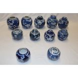 Eleven various 19th and 20th century Chinese blue and white gift jars with blossom decoration,