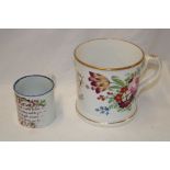 A mid 19th century pottery tankard with painted floral decoration and gilt initials dated 1848 with
