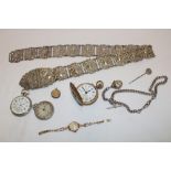 A gentleman's brass half hunter pocket watch, two other various pocket watches,