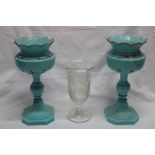 A pair of Victorian turquoise tinted glass table lustres (minus droplets),