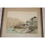 Hugh E Ridge - watercolour A boat house with boats, signed,