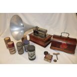 A Pathe "Coquet" phonograph with aluminium horn, walnut cover, reproducteur head,