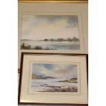 T** Moore - watercolours Estuary scene with cottage, signed,