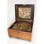 A 19th century Continental polyphon with 9½" disc in polished walnut square case with pictorial