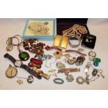 A quantity of various costume jewellery including silver brooches, gentleman's gilt pocket watch,