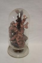 A small glass pedestal display dome containing a selection of mining native copper