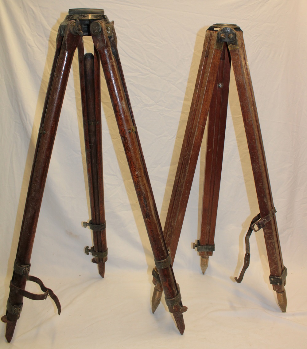 Two various Mine Surveyor's folding wooden tripods with adjustable legs (ex Camborne School of