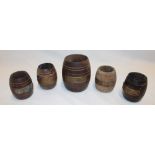 Five small teak barrels made from the teak of various ships with brass plaques including The