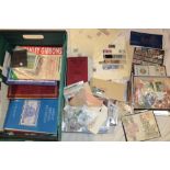 Various packets of mixed World stamps, stamp catalogues, empty albums, PHQ cards,