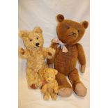 An old plush covered straw-filled teddy bear 19" long and two other various vintage plush teddy