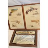A reproduction Samuel Colt patent repeating pistols mirror and a pair of coloured prints depicting