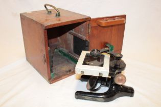 A painted metal squat-shaped microscope by C.