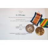 A First War pair of medals awarded to No. 41414 Pte. E. J. Hoare DCLI (died 10.06.