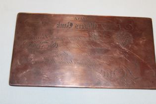 An original early 19th century Cornish mining copper bank note printing plate with engraved