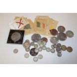 A selection of various silver 3d coins and various other coinage together with 16 silk flag