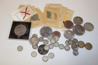 A selection of various silver 3d coins and various other coinage together with 16 silk flag