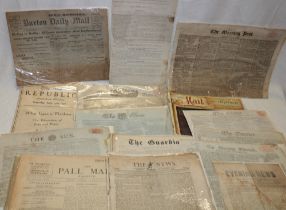 A selection of various old newspapers and paperwork including The Courier December 1809,