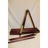 An old brass mounted mahogany Mine Surveyor's tripod with detachable legs in fitted mahogany case