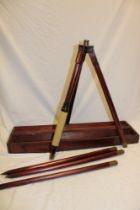 An old brass mounted mahogany Mine Surveyor's tripod with detachable legs in fitted mahogany case